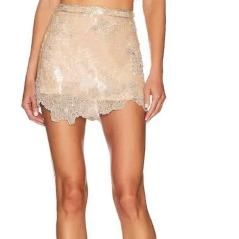 LoveShackFancy Kalasie Mini Sequin Skirt In Peach Medley Fits US 4-6 Medium